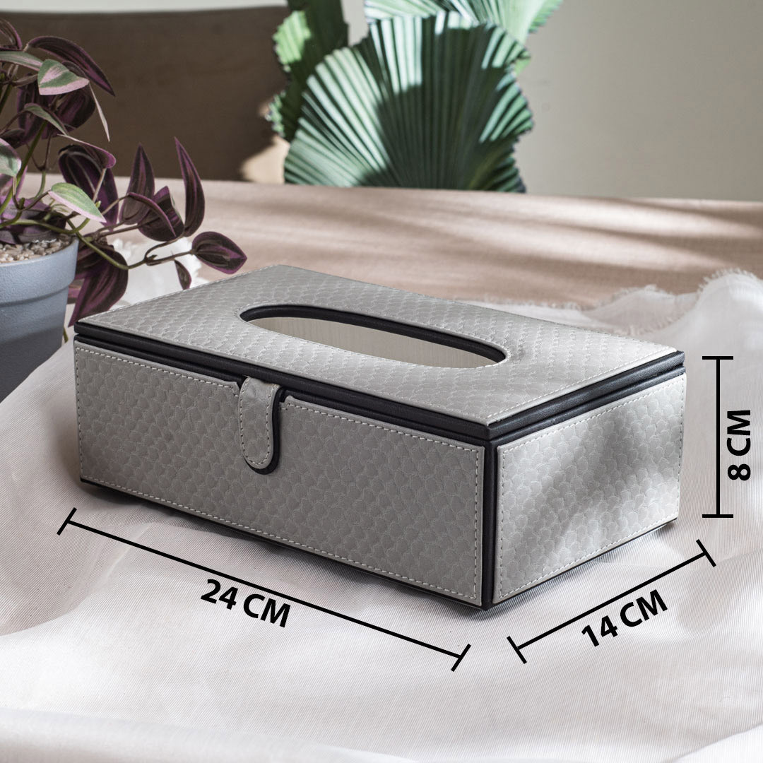 Grey Vegan Leather Tissue Box Holder – 24 × 14 × 8 cm
