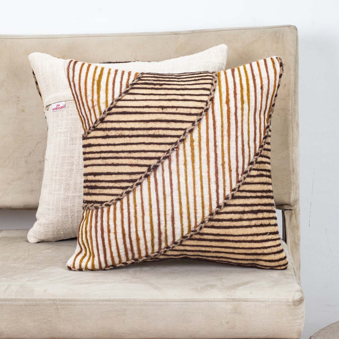 Beige Gold Stripe Leaf Printed Slub Cotton Cushion Cover 12x18 & 16x16 Inch