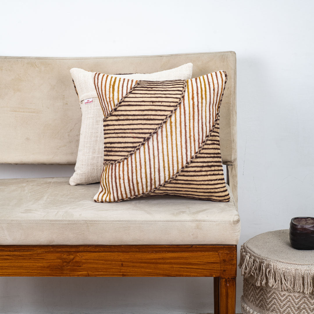 Beige Gold Stripe Leaf Printed Slub Cotton Cushion Cover 12x18 & 16x16 Inch