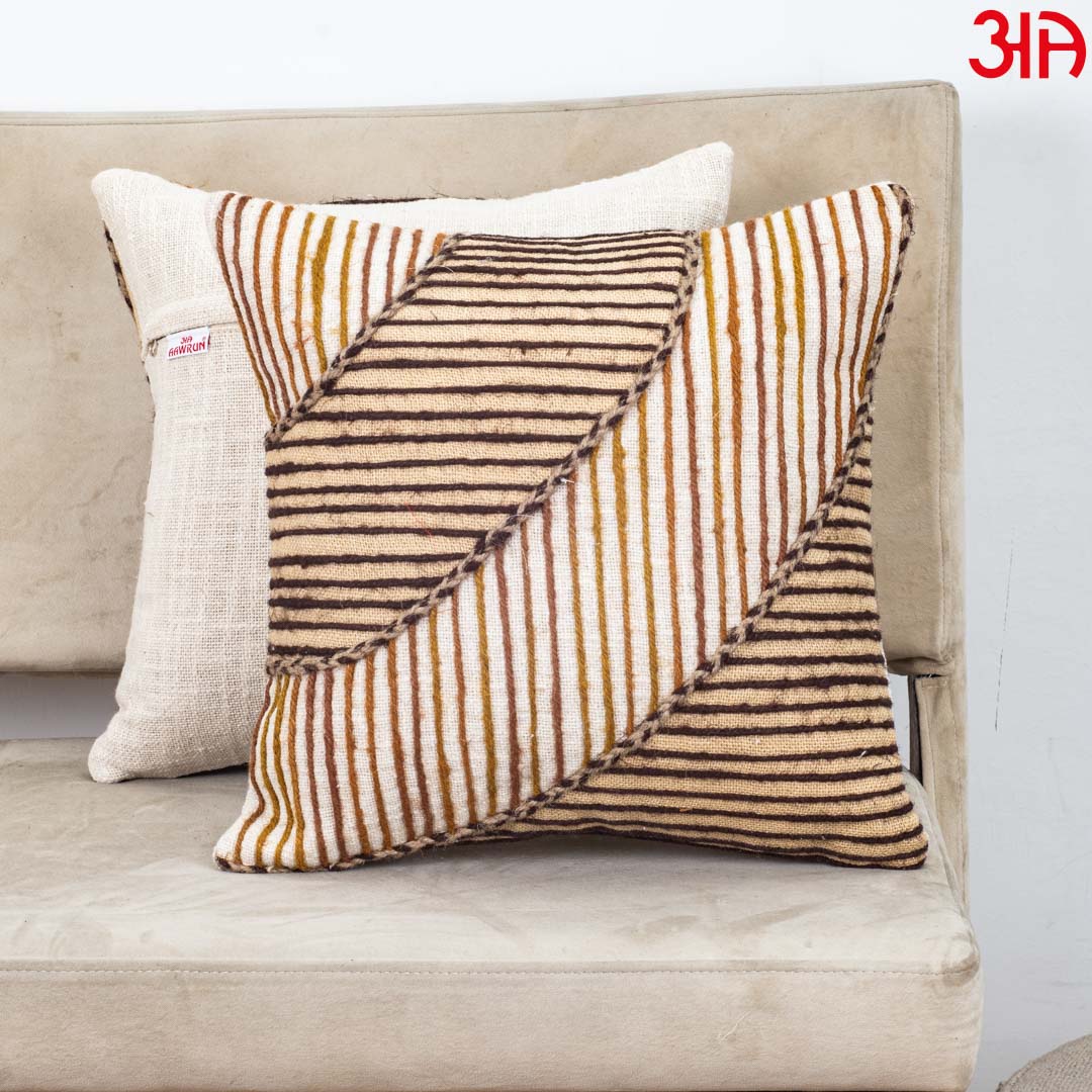 Beige Gold Stripe Leaf Printed Slub Cotton Cushion Cover 12x18 & 16x16 Inch