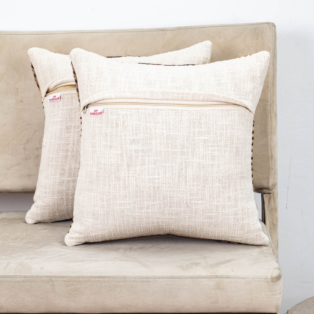 Beige Gold Stripe Leaf Printed Slub Cotton Cushion Cover 12x18 & 16x16 Inch