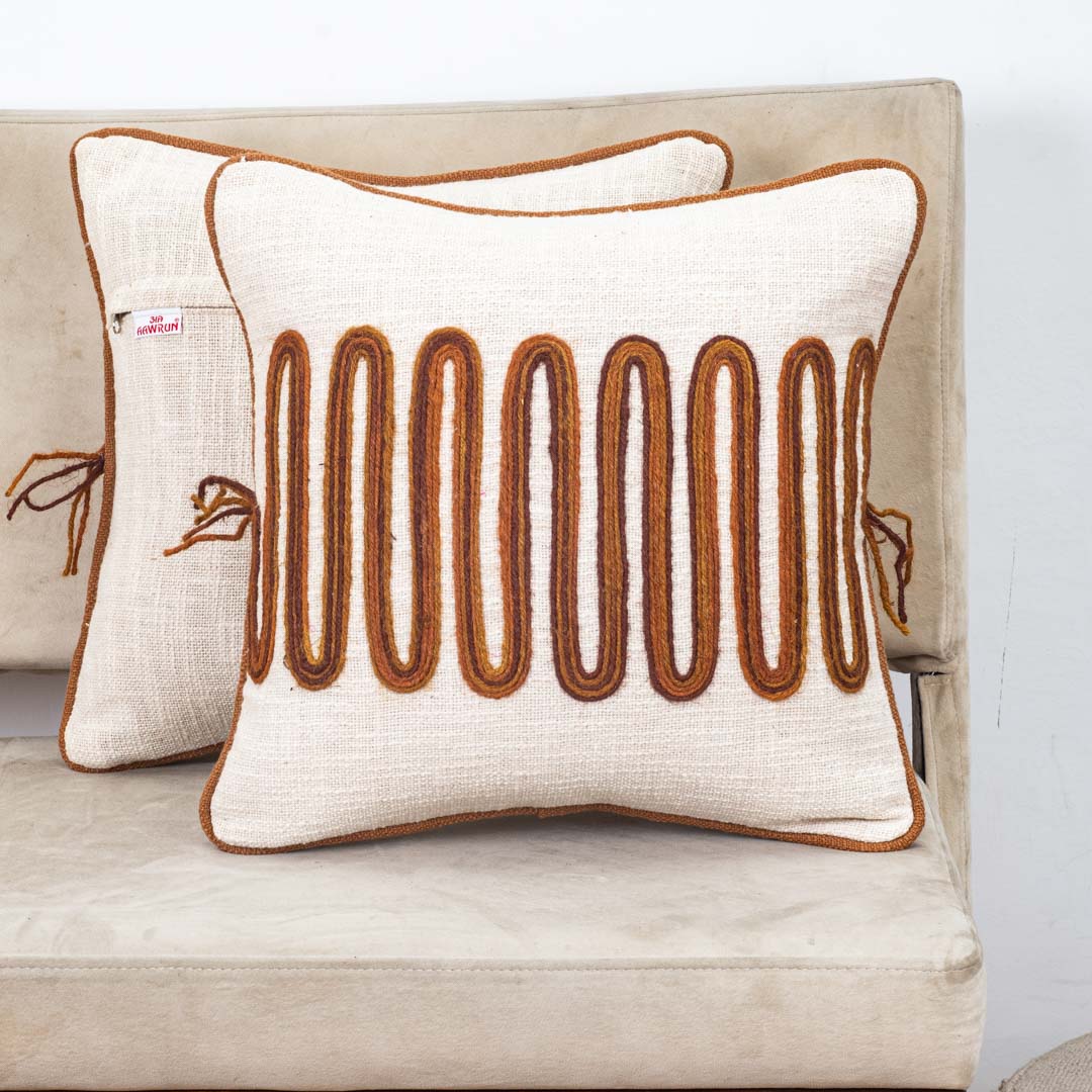 Beige Brown Hanging Oval Drop Embroidered Slub Cotton Cushion Cover 12x18 & 16x16 Inch