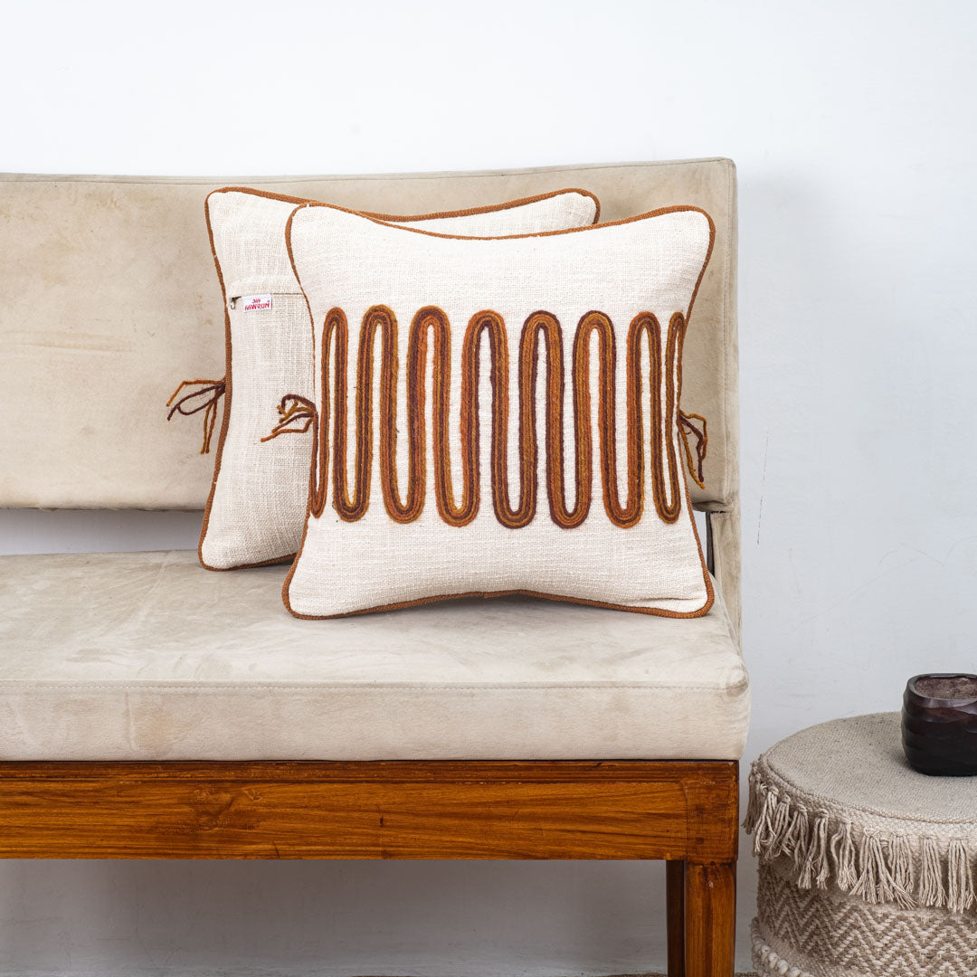 Beige Brown Hanging Oval Drop Embroidered Slub Cotton Cushion Cover 12x18 & 16x16 Inch