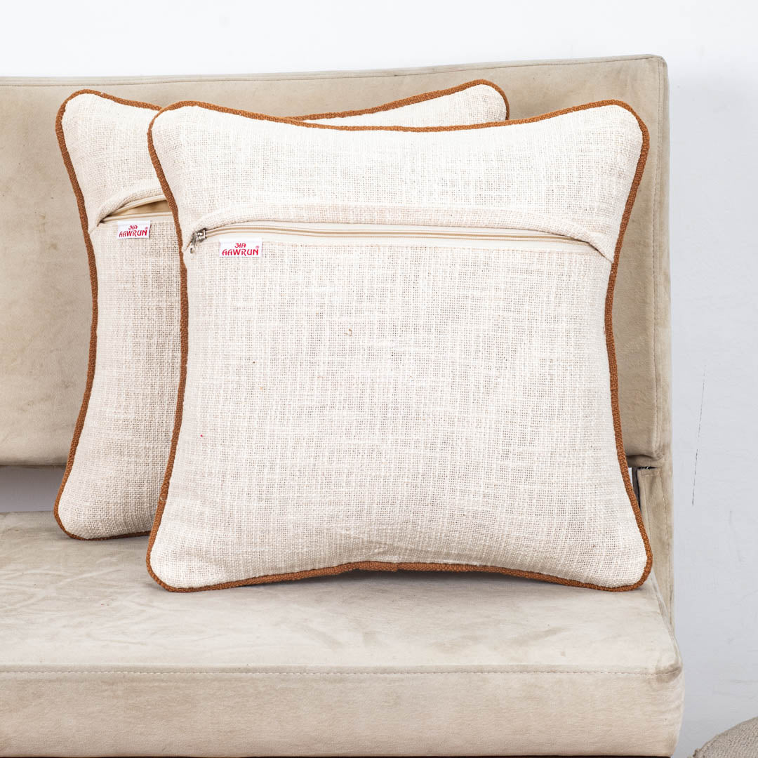 Beige Brown Arch Stripe Embroidered Slub Cotton Cushion Cover 12x18 & 16x16 Inch