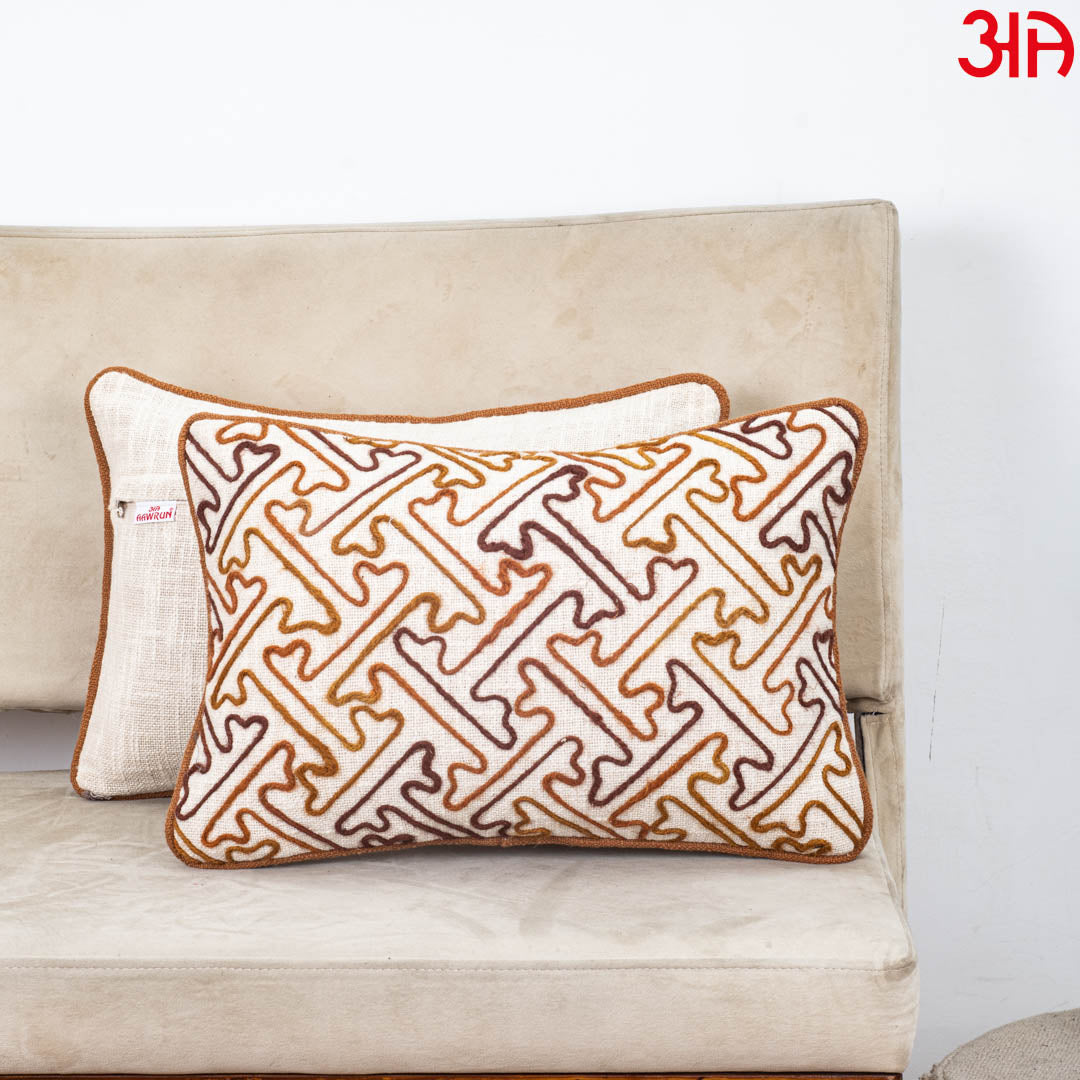 Beige Brown Geometric Maze Embroidered Slub Cotton Cushion Cover 12x18 & 16x16 Inch