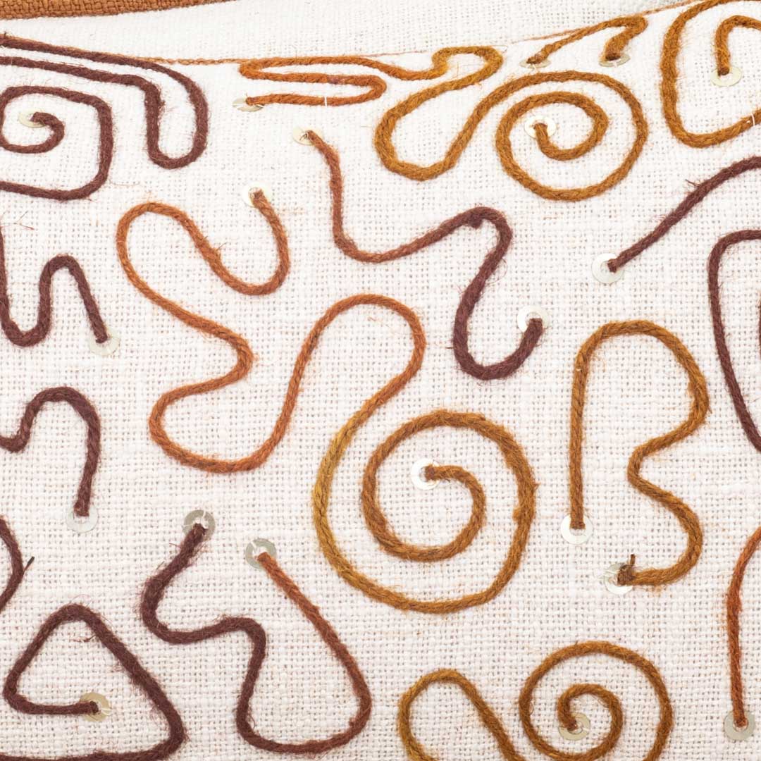 Beige Brown Abstract Embroidered Slub Cotton Cushion Cover 12x18 & 16x16 Inch