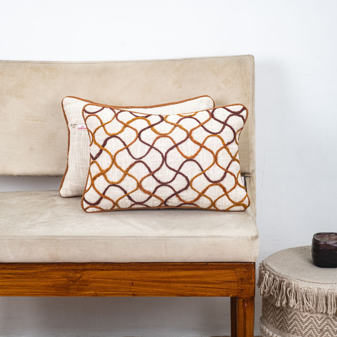 Beige Brown Lattice Wave Embroidered Slub Cotton Cushion Cover 12x18 & 16x16 Inch
