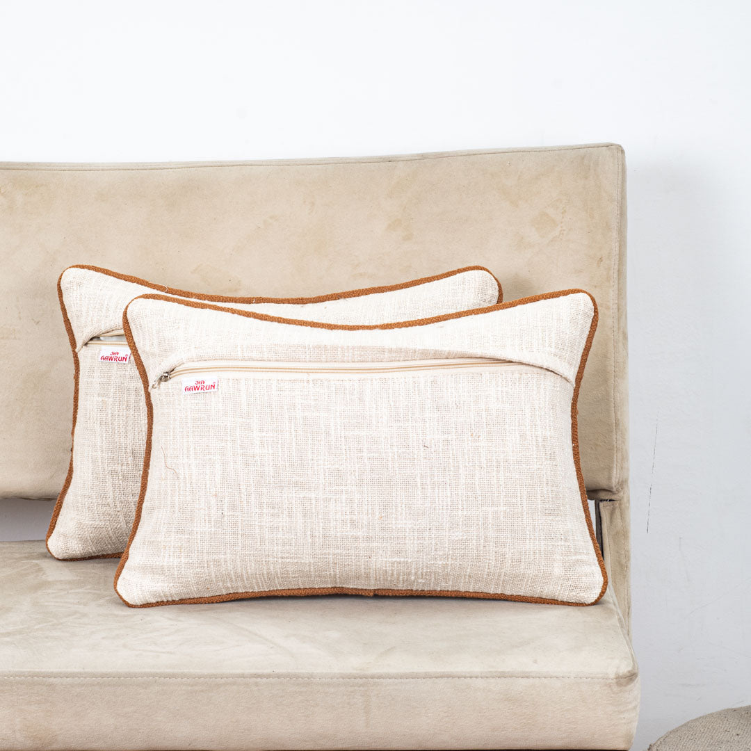 Beige Brown Geometric Maze Embroidered Slub Cotton Cushion Cover 12x18 & 16x16 Inch