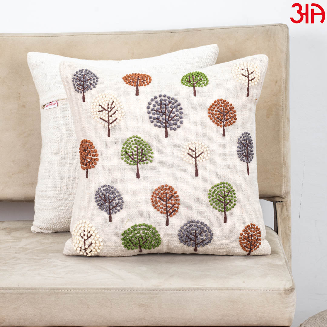 Beige Multicolor Tree Embroidered Slub Cotton Cushion Cover 16x16 Inch