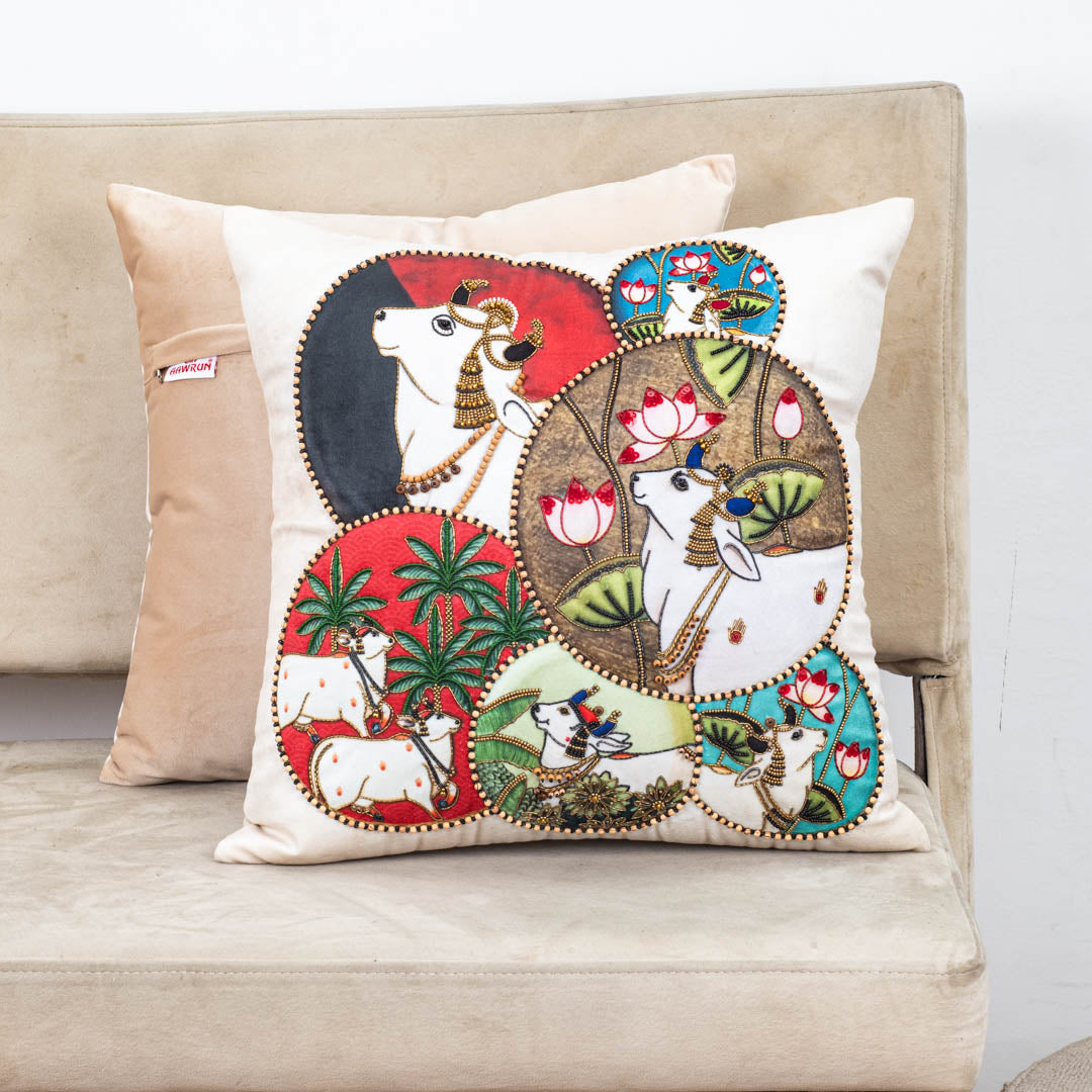 Multicolour Pichwai Printed Velvet Cushion Cover 16x16 Inch