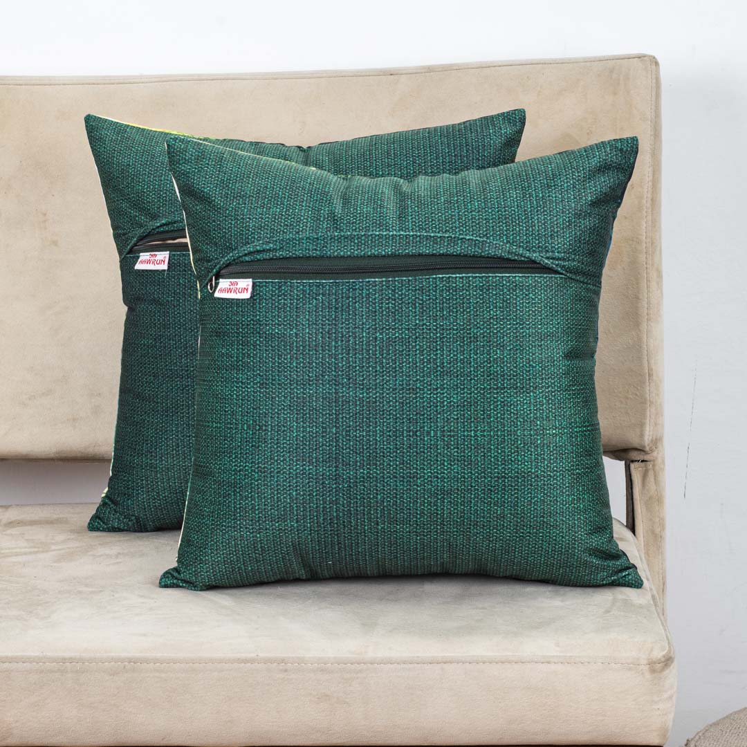 Green Peacock Printed Velvet Cushion Cover 16x16 Inch