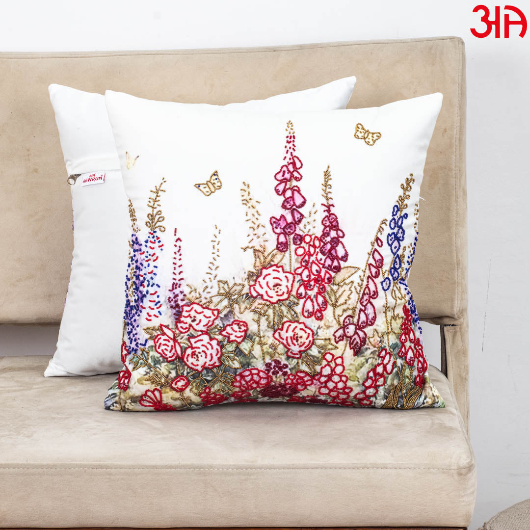 Multi Floral Butterfly Printed Velvet Cushion Cover 16x16 Inch