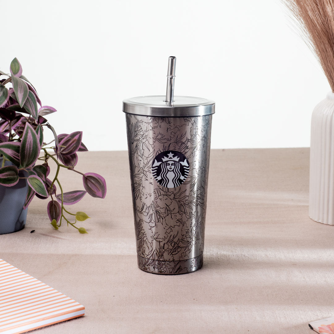Silver Starbucks Vacuum Insulated Tumbler - Anti-Rust Metallic Body with Straw (18x10 cm)