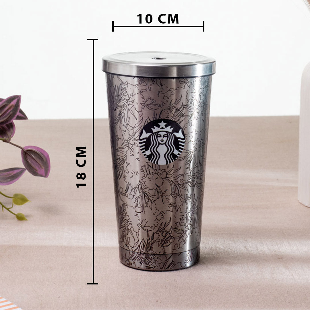 Silver Starbucks Vacuum Insulated Tumbler - Anti-Rust Metallic Body with Straw (18x10 cm)