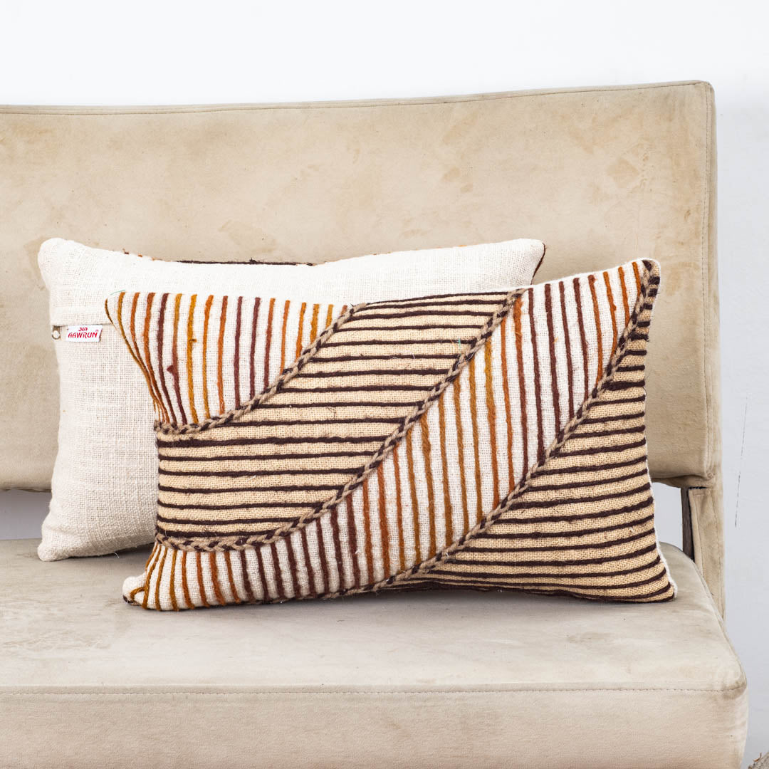 Beige Gold Stripe Leaf Printed Slub Cotton Cushion Cover 12x18 & 16x16 Inch