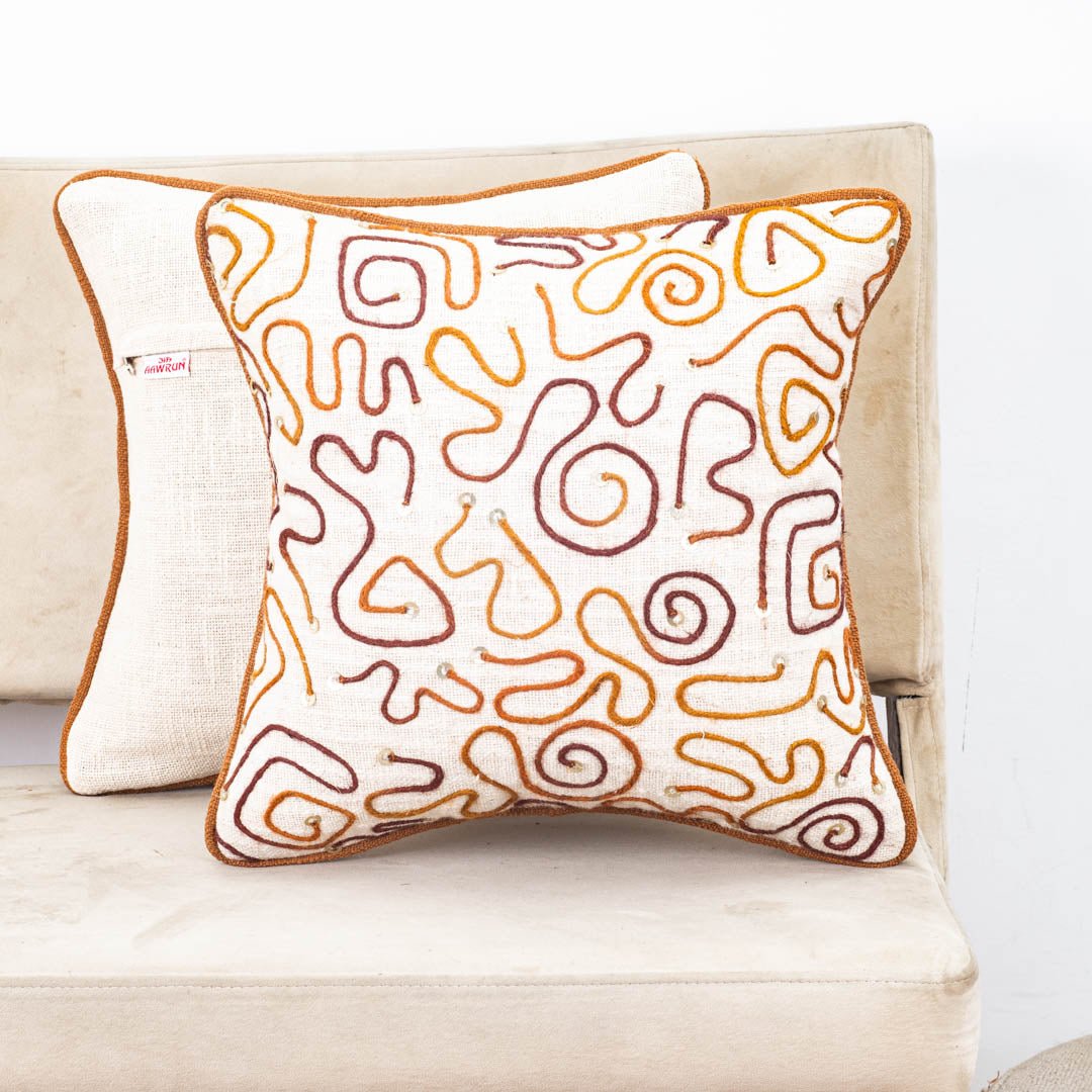 Beige Brown Abstract Embroidered Slub Cotton Cushion Cover 12x18 & 16x16 Inch