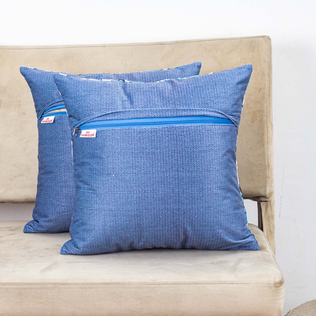 White Blue Tropical Leaf Sequin Embroidered Velvet Cushion Cover 16x16 Inch