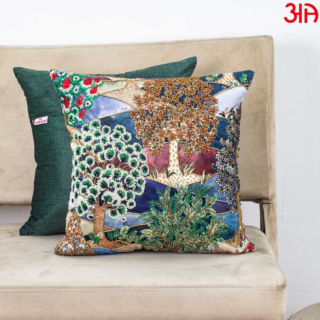 Green Multicolor Forest Tree Embroidered Velvet Cushion Cover 16x16 Inch