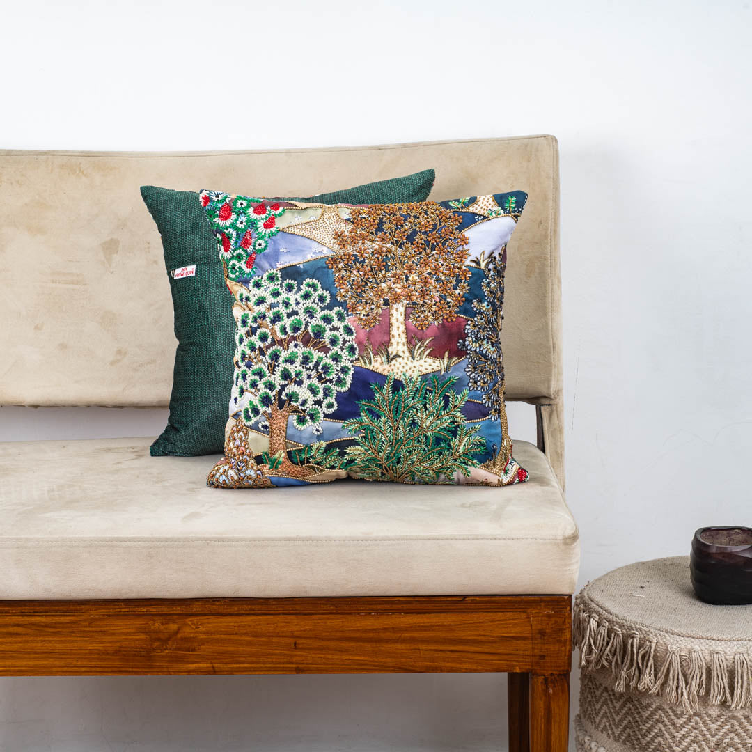 Green Multicolor Forest Tree Embroidered Velvet Cushion Cover 16x16 Inch
