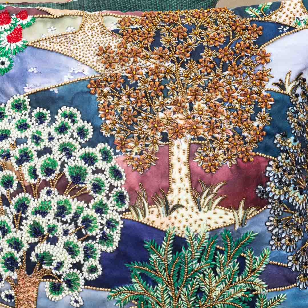 Green Multicolor Forest Tree Embroidered Velvet Cushion Cover 16x16 Inch