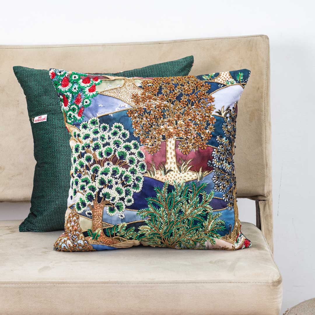 Green Multicolor Forest Tree Embroidered Velvet Cushion Cover 16x16 Inch