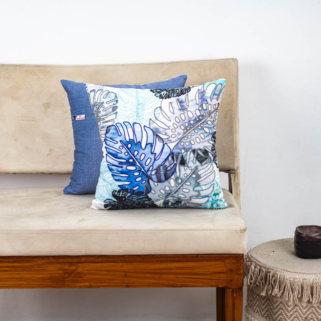 Mint Blue Tropical Leaf Embroidered Velvet Cushion Cover 16x16 Inch