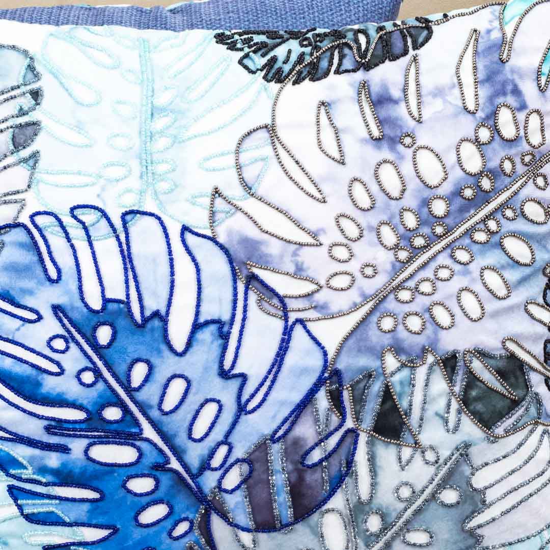 Mint Blue Tropical Leaf Embroidered Velvet Cushion Cover 16x16 Inch
