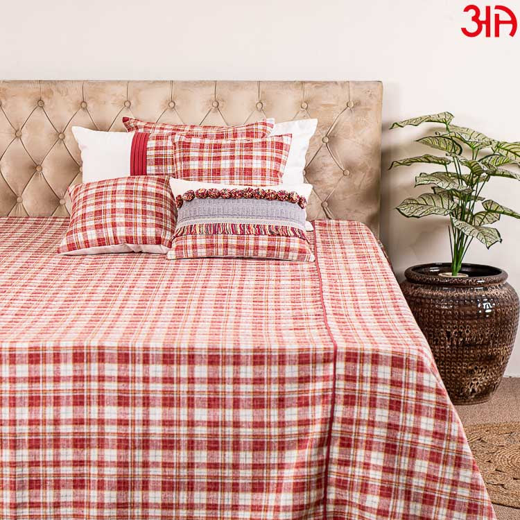 Red & White Cotton King Size (100x108)-Inch Bed Cover Set 6 Pcs Set (1+2+2+1)