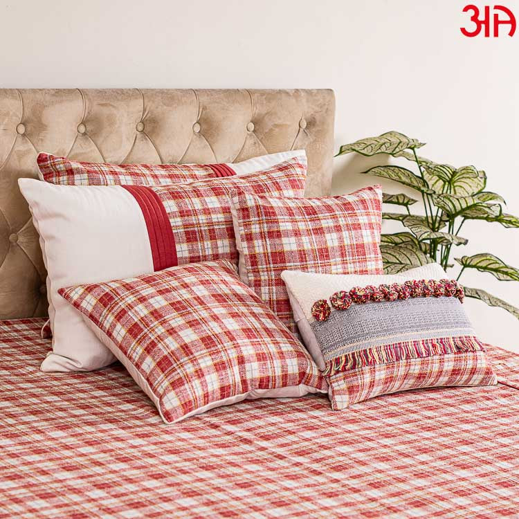 Red & White Cotton King Size (100x108)-Inch Bed Cover Set 6 Pcs Set (1+2+2+1)