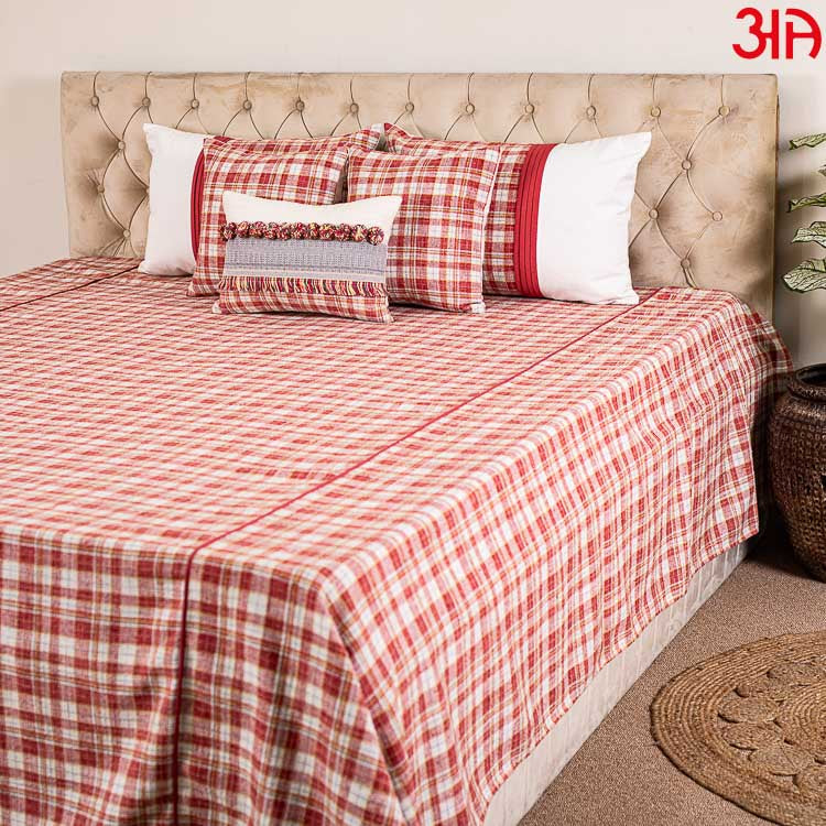 Red & White Cotton King Size (100x108)-Inch Bed Cover Set 6 Pcs Set (1+2+2+1)