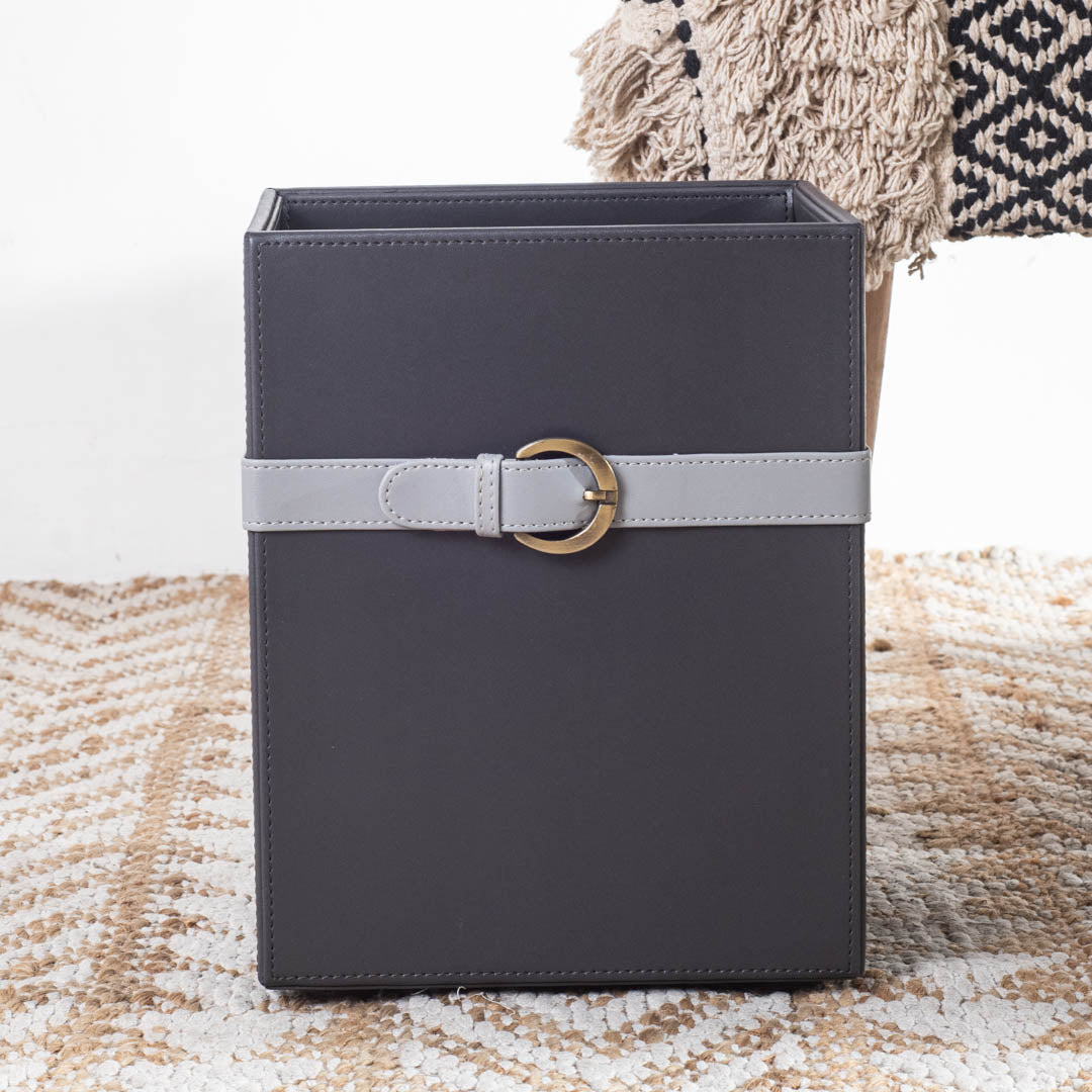 Deep Grey Buckle Design Leather Dustbin (21x21x26) CM