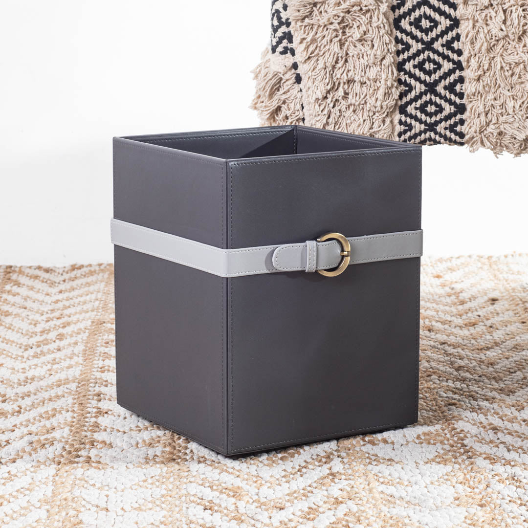 Deep Grey Buckle Design Leather Dustbin (21x21x26) CM