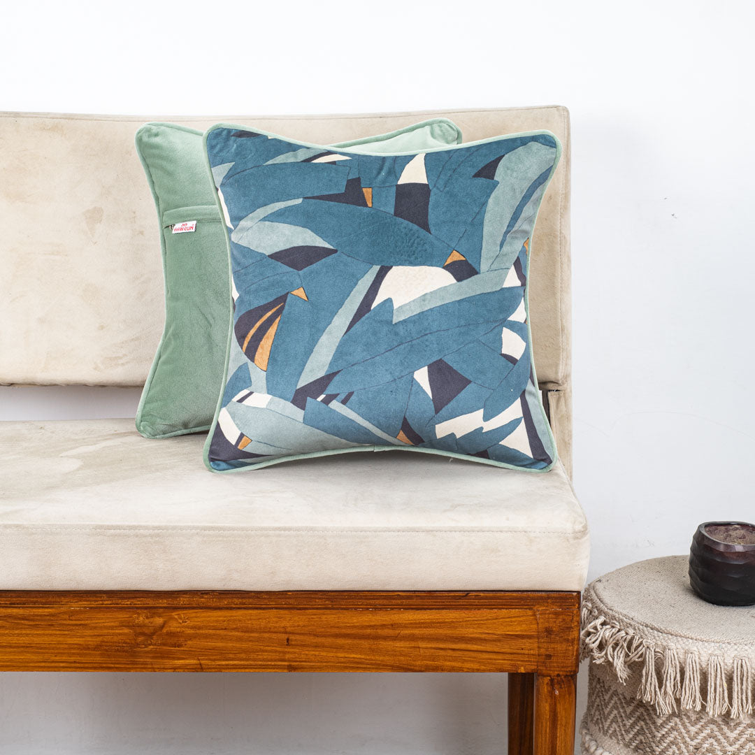 Contemporary Teal Leaf Velvet Cushion Cover – 16x16 Inch-DGN-31