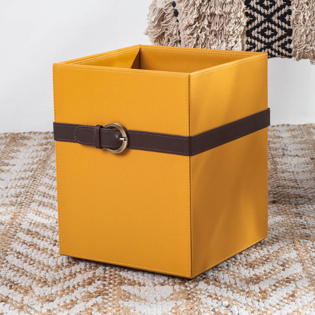 Yellow Brown Buckle Design Leather Dustbin (21x21x26) CM