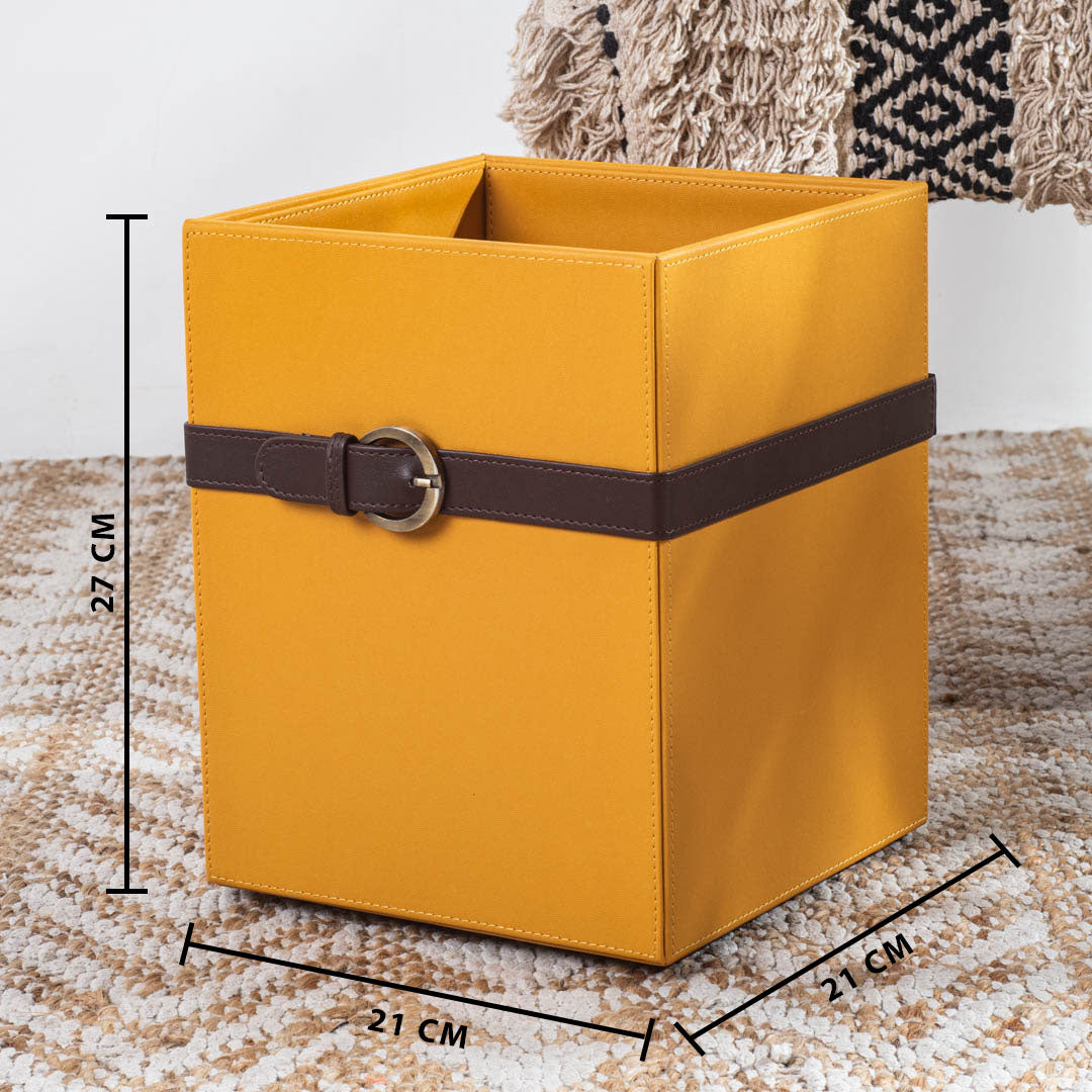 Yellow Brown Buckle Design Leather Dustbin (21x21x26) CM