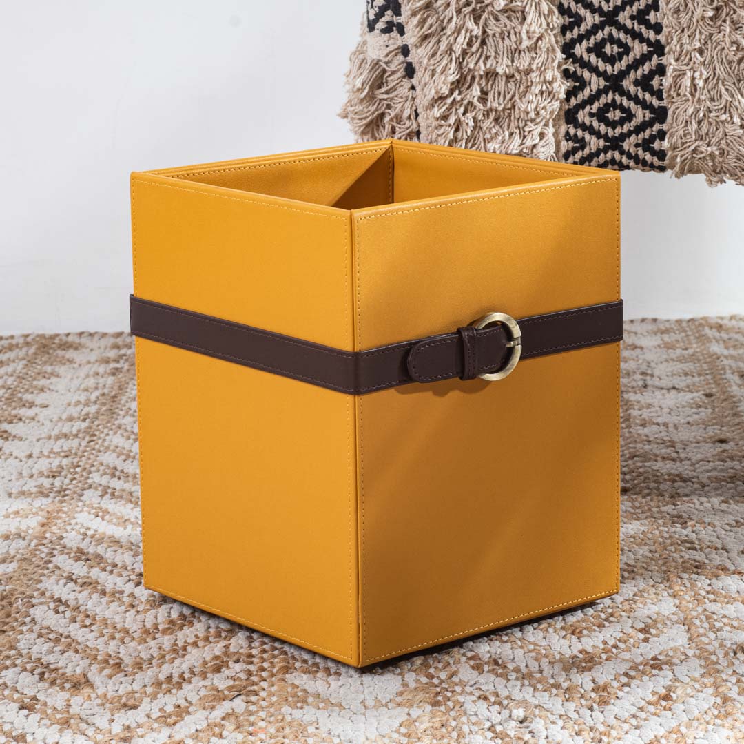 Yellow Brown Buckle Design Leather Dustbin (21x21x26) CM