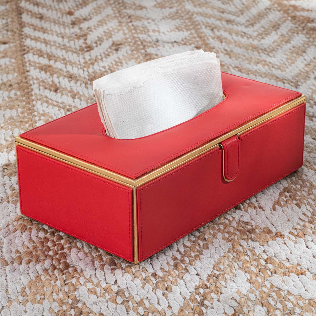 Red Gold trim Vegan Leather Tissue Box Cover 14x24x8 cm