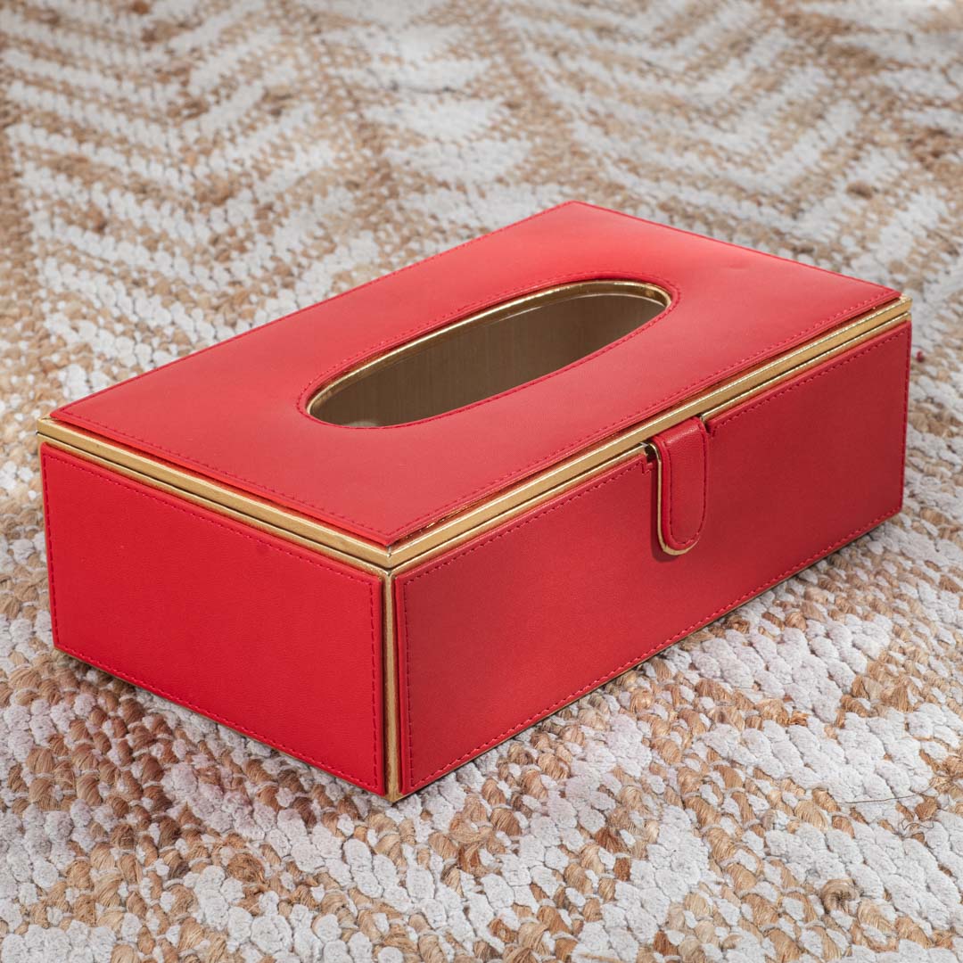 Red Gold trim Vegan Leather Tissue Box Cover 14x24x8 cm
