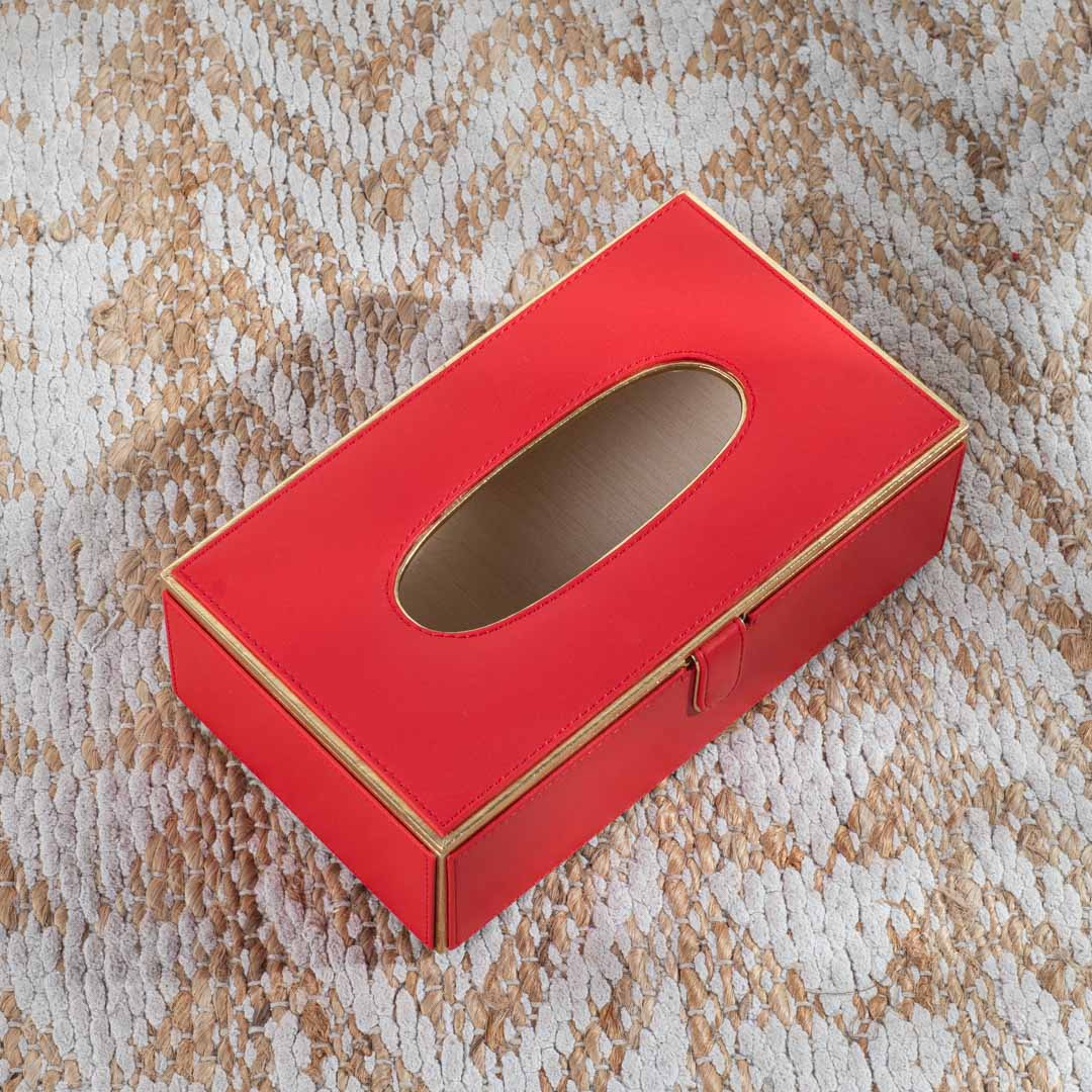Red Gold trim Vegan Leather Tissue Box Cover 14x24x8 cm