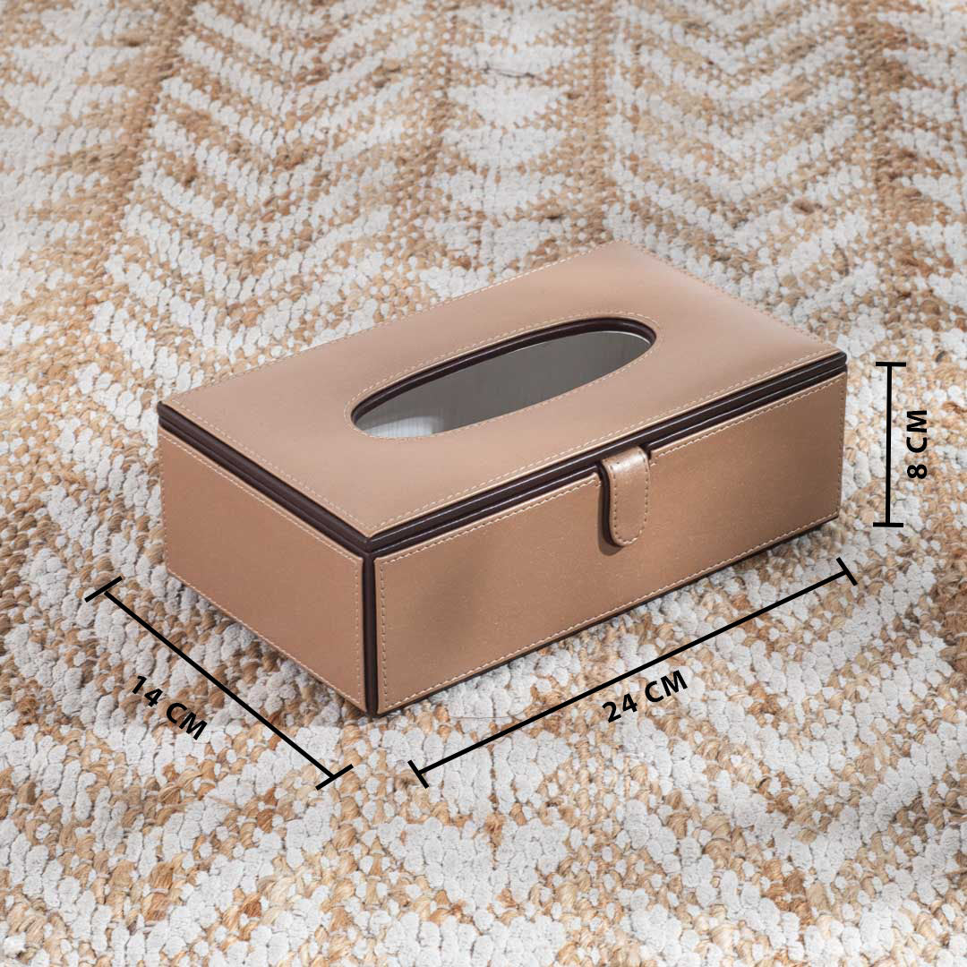 Beige Brown Dark Trim Vegan Leather Tissue Box Cover 14x24x8 cm