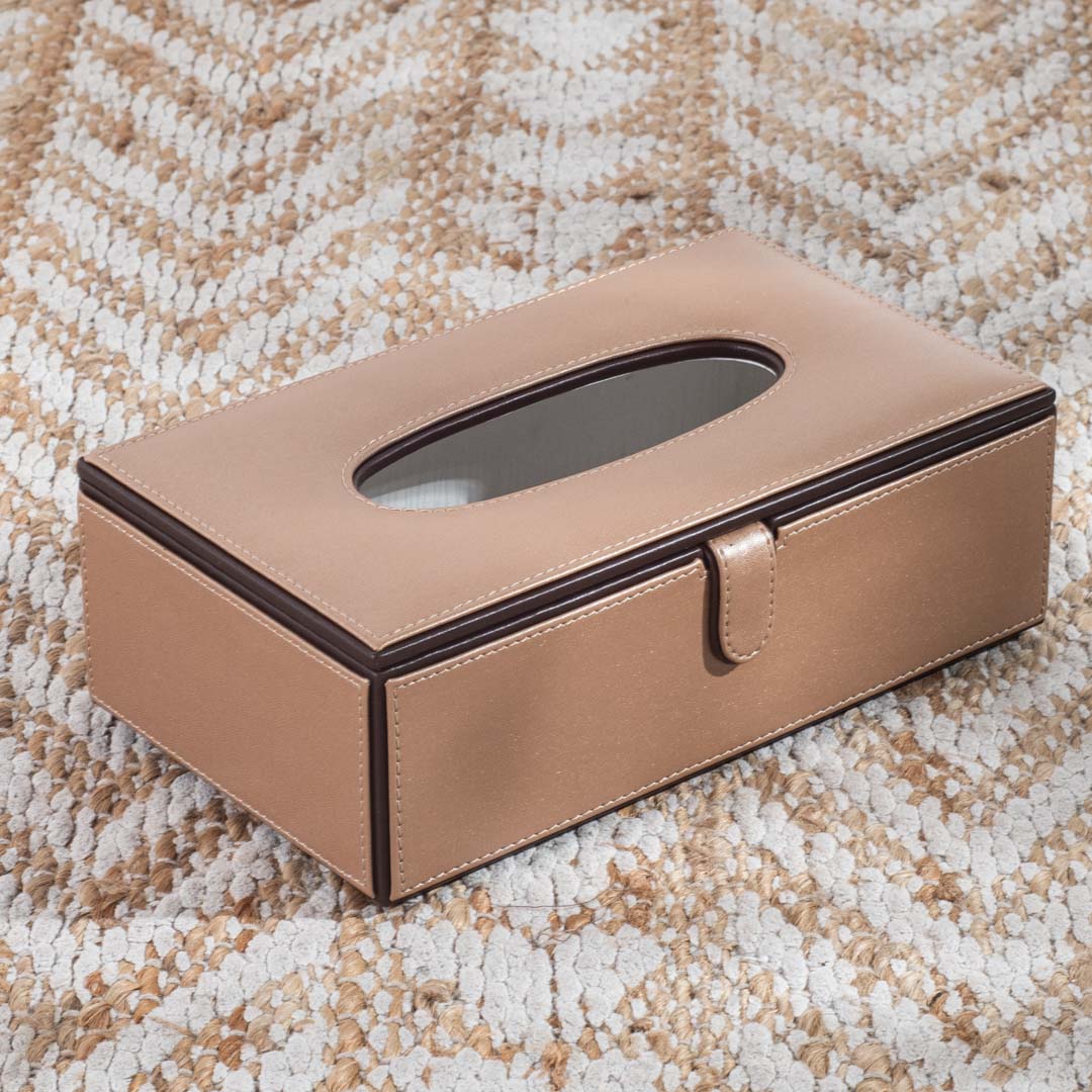 Beige Brown Dark Trim Vegan Leather Tissue Box Cover 14x24x8 cm