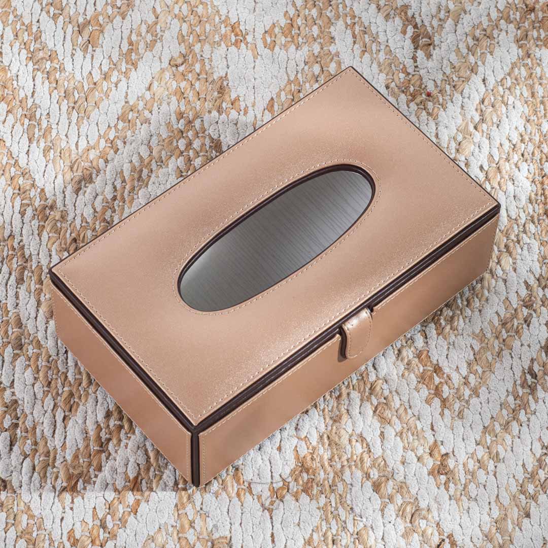 Beige Brown Dark Trim Vegan Leather Tissue Box Cover 14x24x8 cm