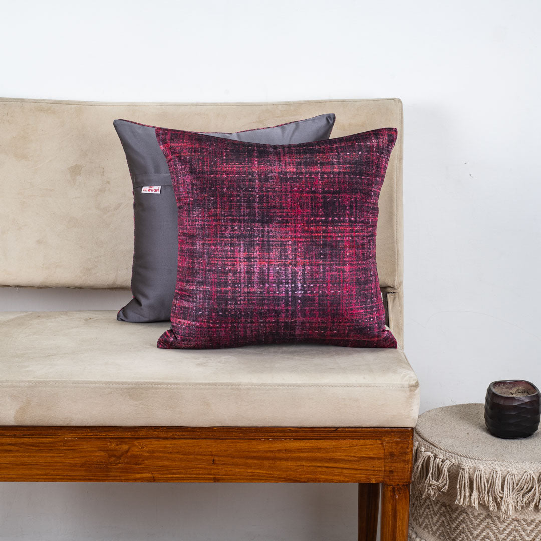 Crimson Noir Textured Glossy Velvet & Satin Cushion Cover – 16x16 Inch-DGN-11