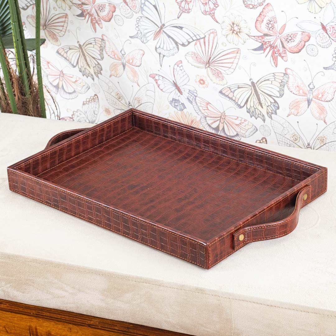 Croco Textured Vegan Leather Serving Tray 36x25x4 cm