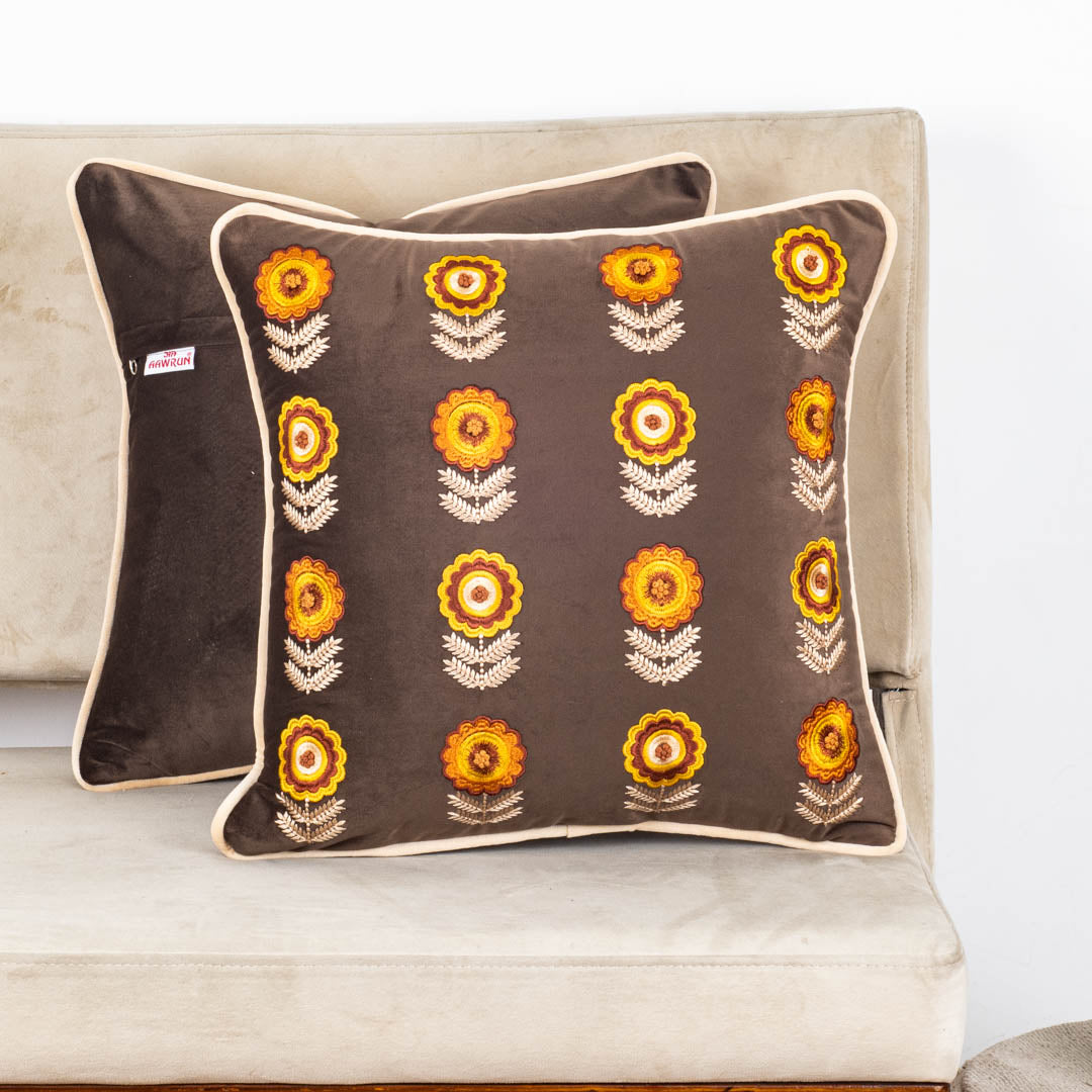 Floral Embroidered Velvet Cushion Cover 16x16 Inch