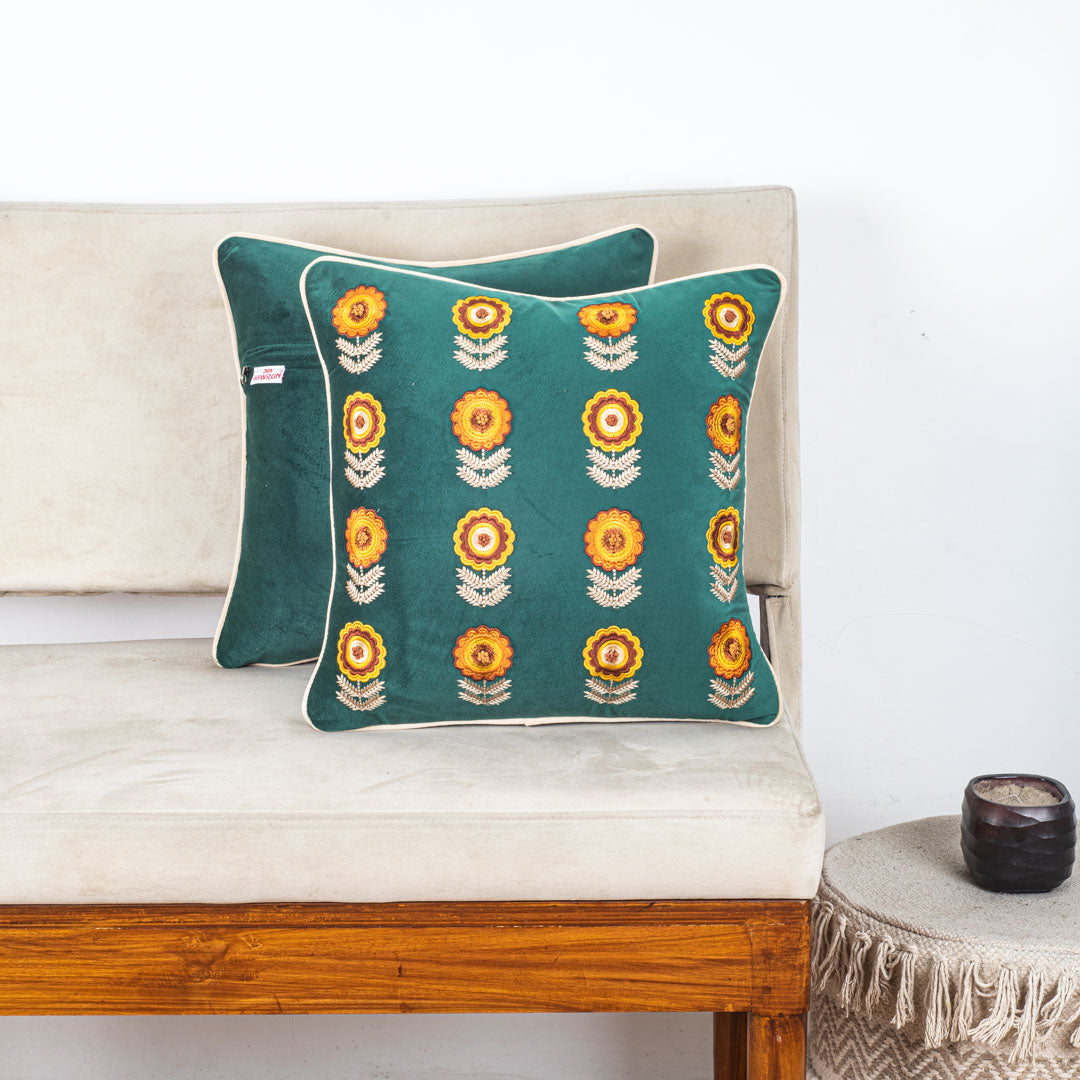 Floral Embroidered Velvet Cushion Cover 16x16 Inch