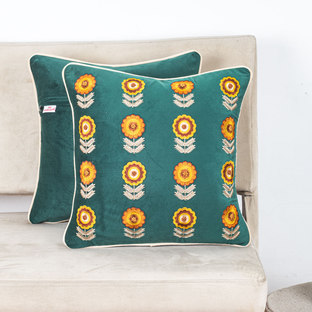 Floral Embroidered Velvet Cushion Cover 16x16 Inch