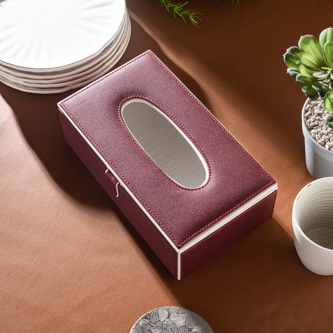 Maroon Vegan Leather Tissue Box Holder – 24 × 14 × 8 cm