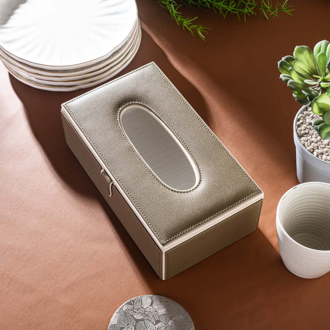 Olive Vegan Leather Tissue Box Holder – 24 × 14 × 8 cm