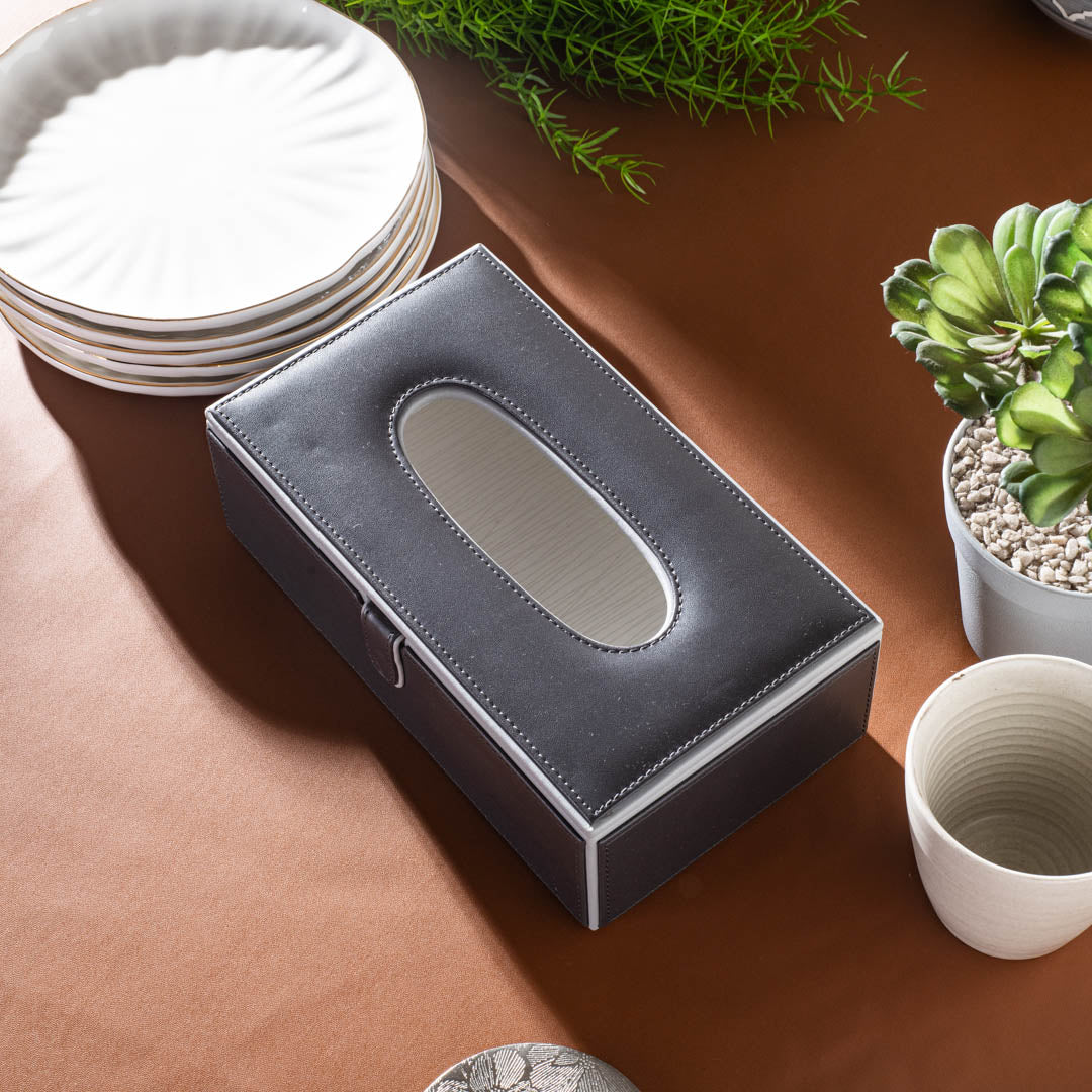 Black Vegan Leather Tissue Box Holder – 24 × 14 × 8 cm